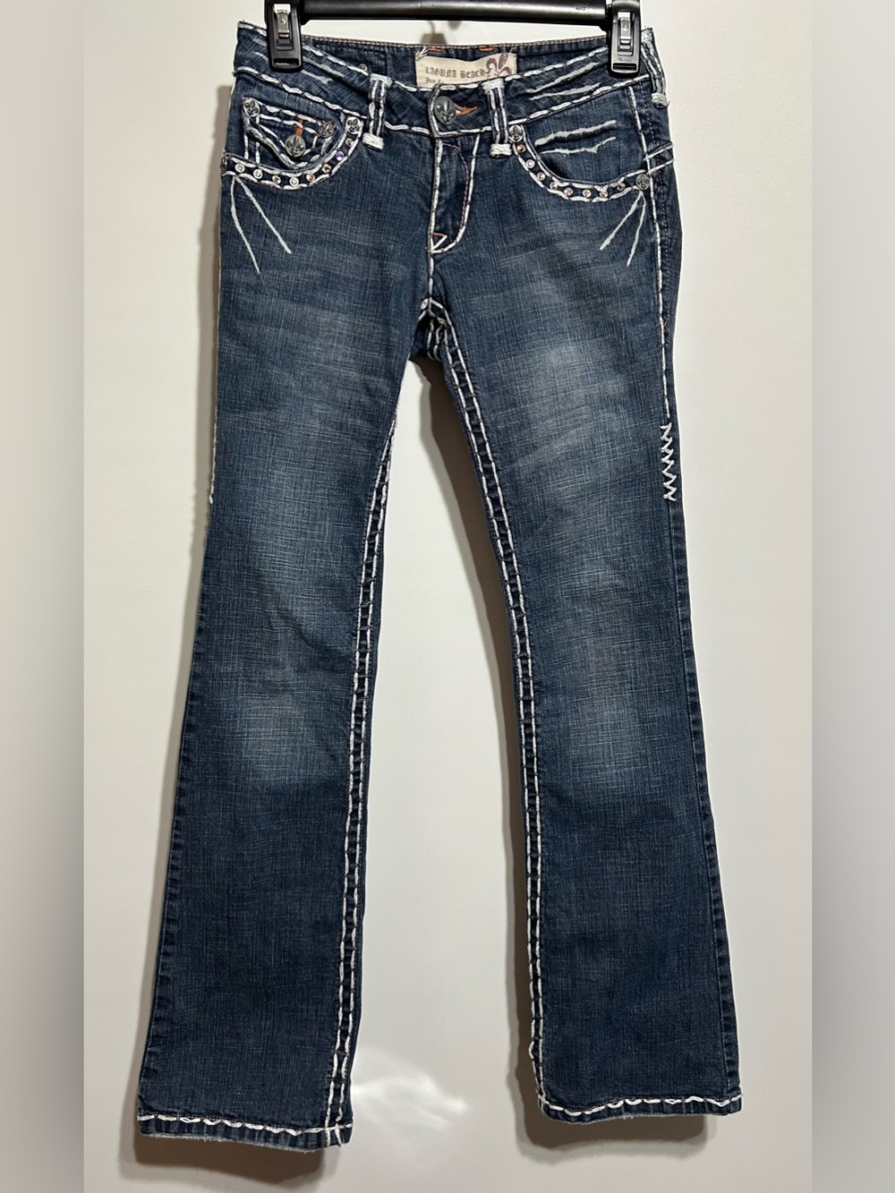 Vintage Laguna B Dark Blue Jeans with thick white stitching and Crystals
